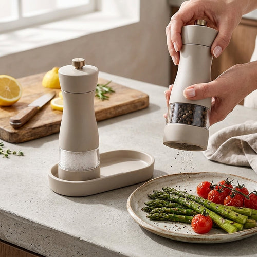 Cream Salt and Pepper Grinder Set with Tray