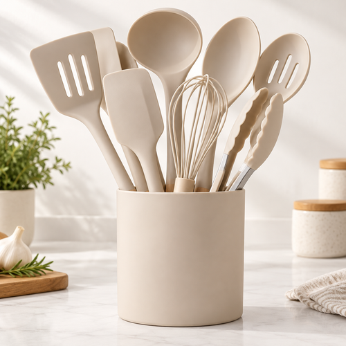 Beige Silicone Cooking Utensil Set with Holder - main image