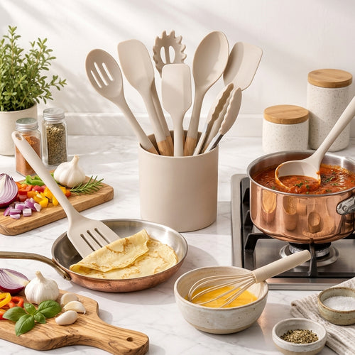 Beige Silicone Cooking Utensil Set with Holder