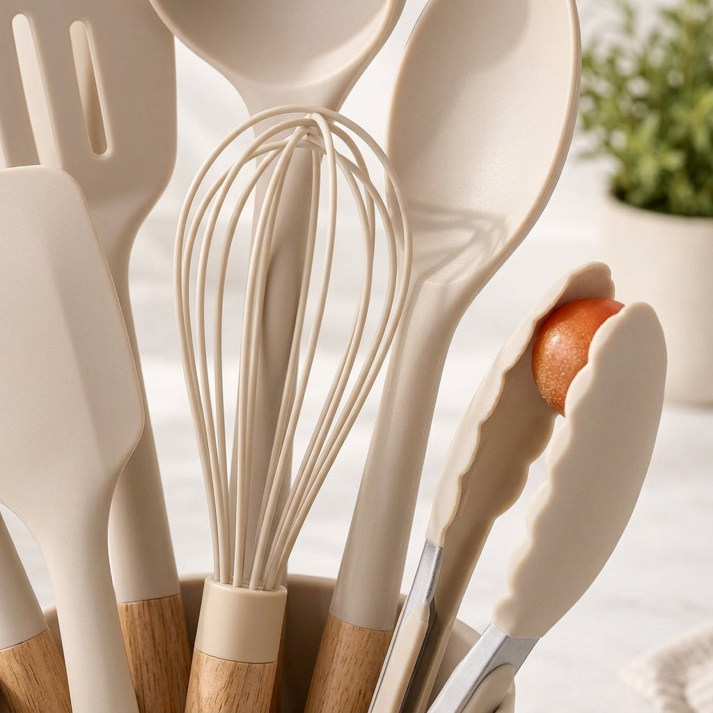 Beige Silicone Cooking Utensil Set with Holder