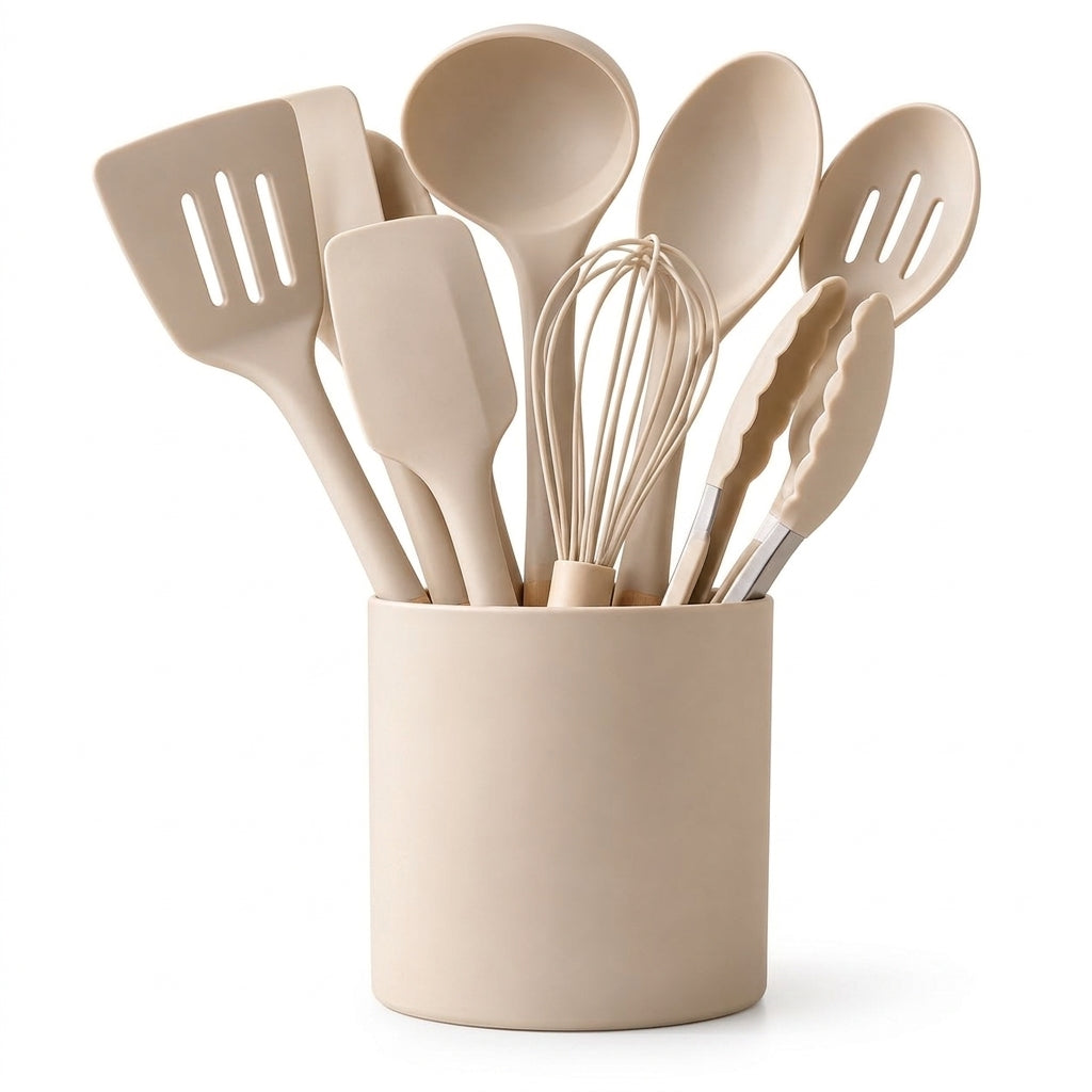 Beige Silicone Cooking Utensil Set with Holder
