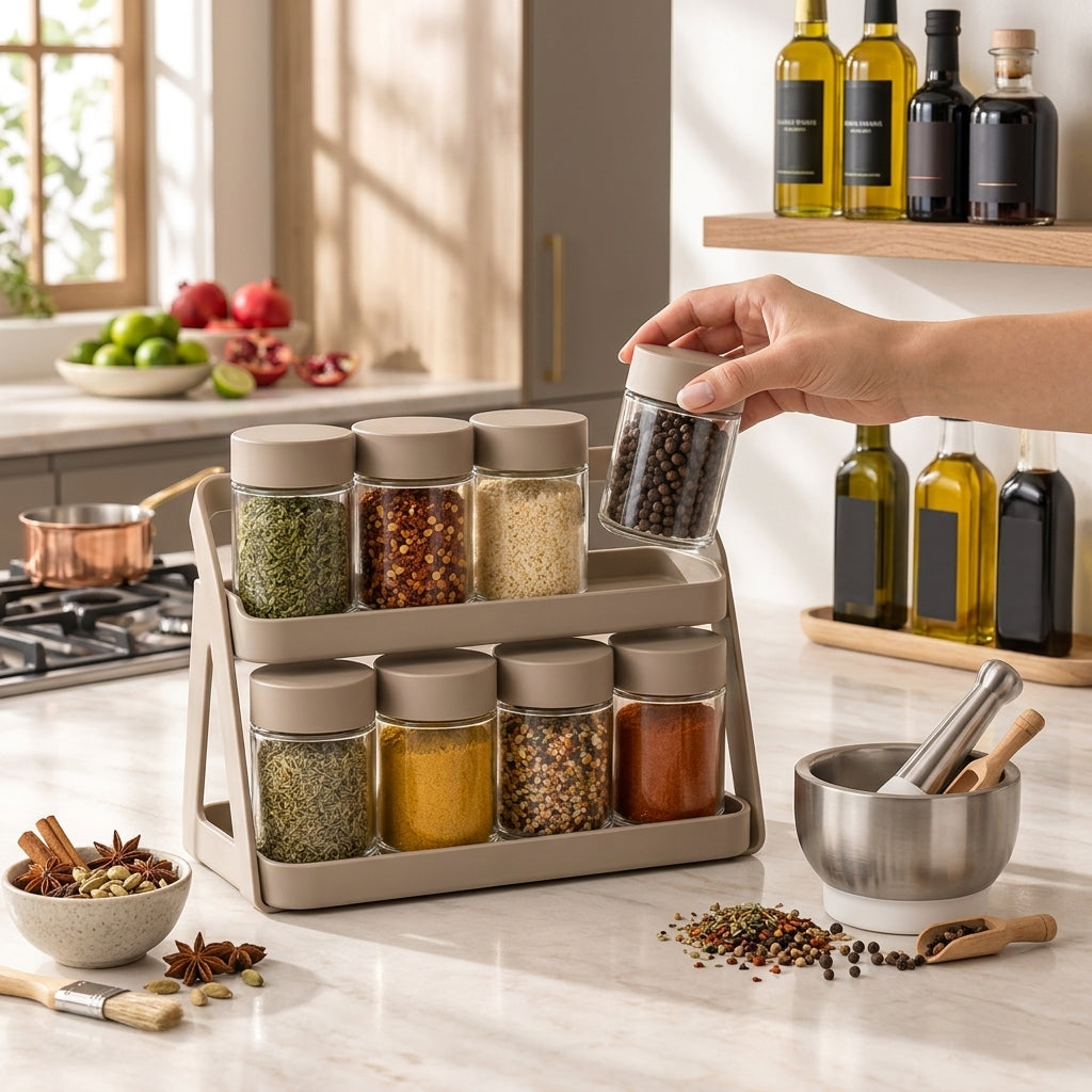 8-Jar Spice Rack Organizer with Two-Tier Stand